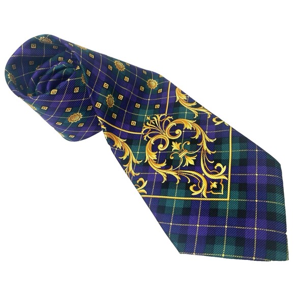 Vintage Versace Tie Mens Silk Purple Gold Plaid Baroque Print Necktie Designer - Picture 7 of 13